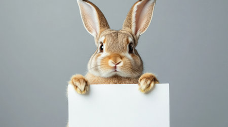 A cute Easter bunny stands against a flat gray studio background, holding a white rectangular sheet of paper. This charming character invites festive messages.の素材
