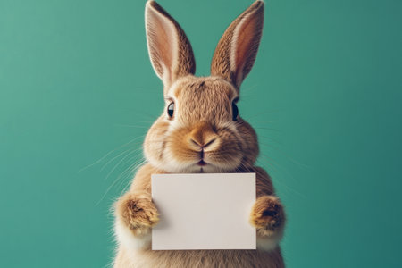 A cute Easter bunny stands against a flat green studio background, holding a white rectangular sheet of paper, ready to share festive messages or greetings for the holiday.の素材