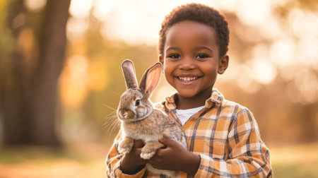 A joyful 4 year old African American boy smiles as he cradles a lovely rabbit in his hands. The park setting features a soft blur creating a festive atmosphere for Easter traditions.の素材