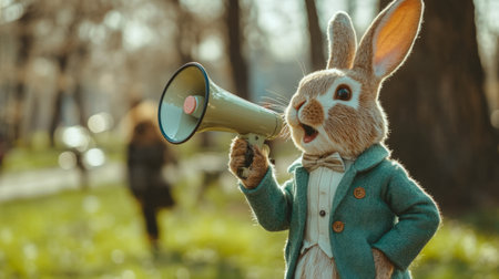 A cheerful Easter bunny dressed in a green jacket speaks into a megaphone, enthusiastically sharing news of celebrations in a lively park. Children and pets enjoy the day in the background.の素材