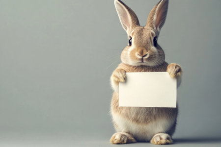 A cute Easter bunny stands confidently, holding a blank white rectangular sheet of paper in front of it. Set against a flat gray studio background, this image is ideal for seasonal messages.の素材