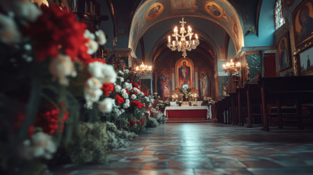 A church interior adorned with vibrant floral decorations in preparation for an Easter celebration. Religious icons and a central altar create a serene atmosphere for worshipers.の素材