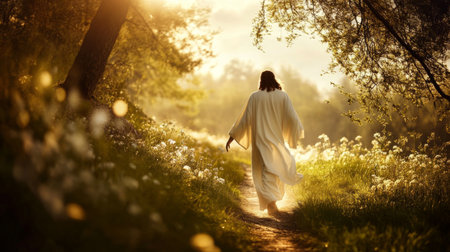 A figure in white walks gently along a sunlit path, embraced by blooming flowers and illuminated by golden sunlight. The scene evokes a sense of peace and faith.の素材