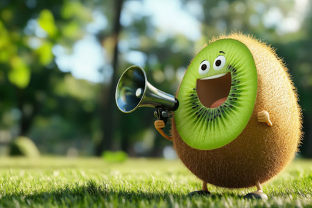 A cheerful cartoon kiwi fruit character holding a megaphone enthusiastically encourages a healthy lifestyle. The park background is softly blurred, adding to the lively atmosphere.の素材