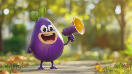Cartoon Eggplant smiling and holding megaphone on blurred background of city park. Ecological food. Concept of benefits of natural vegetables and fruits.の素材