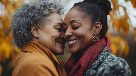 Two beautiful mature African American women embrace each other tenderly, sharing a joyful kiss in a picturesque outdoor setting filled with autumn foliage.の素材
