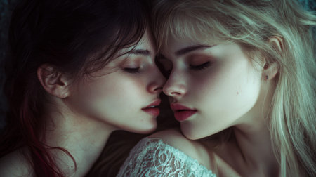 Two happy young women lean close together, their eyes closed as they share a tender kiss. The soft lighting enhances the intimacy of this affectionate moment shared between lovers.の素材