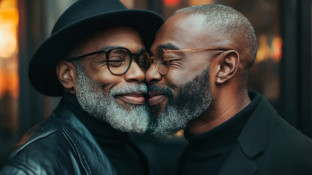 Two happy mature African American men share a loving kiss, expressing their deep connection and joy in a warm, urban setting. The moment captures genuine love and happiness.の素材