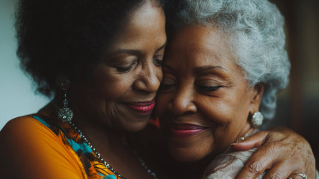 In a warm and loving embrace, two older African American women express their deep affection for each other, showcasing a bond of love and joy in a serene environment.の素材
