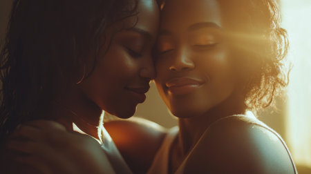Two beautiful young African American women lovingly hug each other indoors, radiating happiness and affection. The warm sunlight enhances their joyful connection.の素材