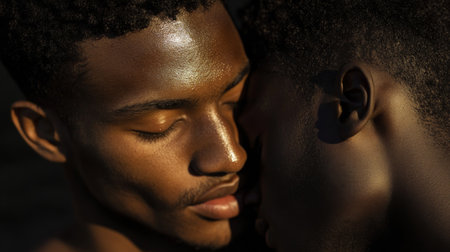 Two handsome young African American men share a tender kiss, their closeness radiating love and happiness in a warm and intimate setting, capturing a beautiful moment of affection.の素材
