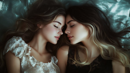 Two young women are gently embracing each other, showing their love and happiness. They share an intimate moment, with their foreheads touching, radiating warmth and tenderness.の素材