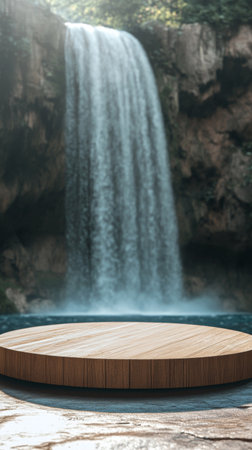 empty round wooden podium stands on a stone base in the background in the blur mountains from which a waterfall flowsの素材