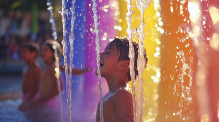 Laughter fills the air as children joyfully splash and play in vibrant fountains at a coastal park. The warm summer sun enhances the cheerful atmosphere of their holiday.の素材