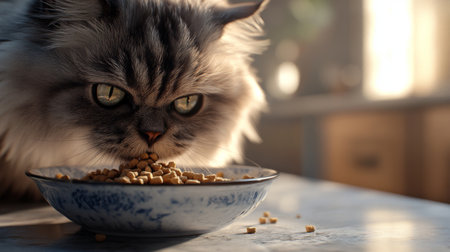 A close-up of a fluffy gray Persian cat eating from a blue bowl. The cat has striking green eyes and...