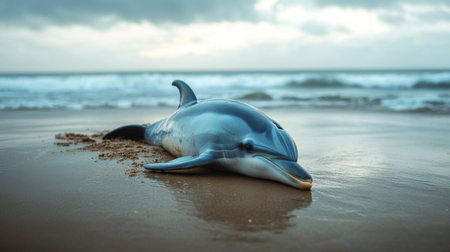 A dolphin lies on a sandy beach, its vulnerability on display amid the aftermath of an ecological disaster. The ocean reflects a grim narrative of a mass fish kill from oil pollution.の素材