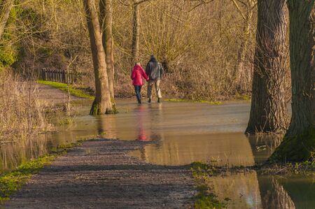 Flooded footpath, walkway on the river Nene Cambridgshire near Wandsford Englandの写真素材