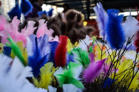 Easter decorations of twigs and feathersの写真素材