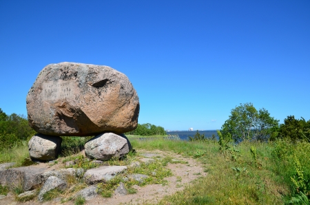 Memorial stone of the swedish king Gustav Vasa  After his escape from Denmark he landed on this place nearby the city Kalmar at the baltic sea in Sweden year 1520 のeditorial素材