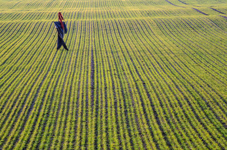 Scarecrow at a farmers field at springtime in Swedenの写真素材