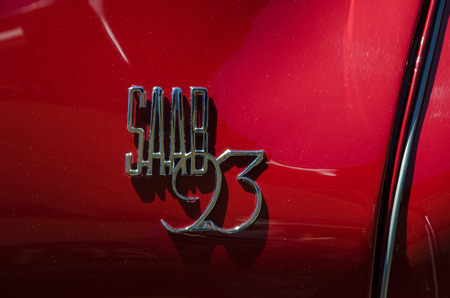 BORGHOLM, SWEDEN - MAY 23, 2015: Detail of an old timer car Saab 93 from the fifties at an old timer car meeting an the town of Borgholm in Sweden. Photo is taken on May 23, 2015, at Borgholm in Sweden.のeditorial素材