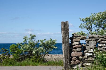 Weathered wooden pole by a stone wall at the coast with blossom treesの写真素材