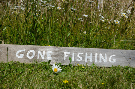 Wooden gone fishing sign at a lawn with daisiesの写真素材