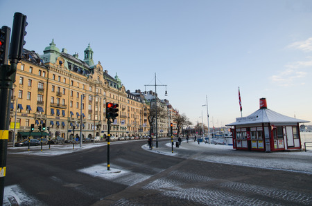 Stockholm, Sweden - January 7, 2016: Winter street view at the prestigious street Strandvagen by the waterfront in Stockholm, the capital of Swedenのeditorial素材