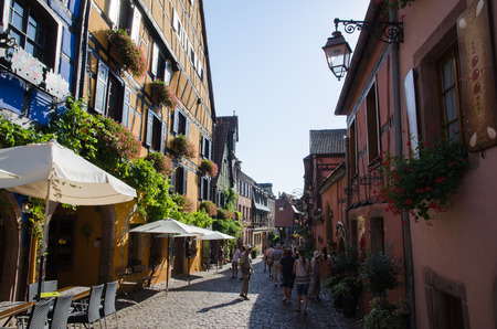 Riquewihr, France - September 13, 2016: The main street Rue du General de Gaulle in the village Riquewihr in Alsace in France, located by the Alsace wine routeのeditorial素材
