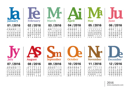 Creative calendar 2016 - week starts sunday, with numbers of weeksのイラスト素材