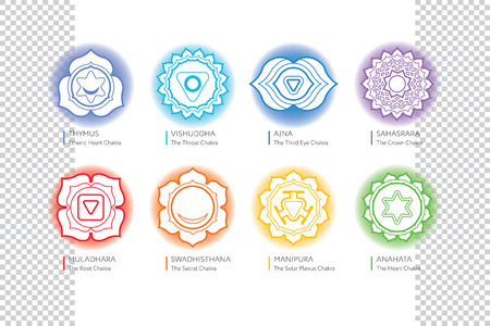 Chakras set - ayurveda, spirituality, yoga symbols. Editable illustration, transparent circle around.のイラスト素材