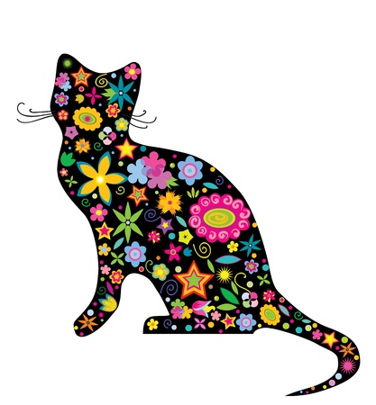 illustration silhouette of a cat with flowers and stars on the white backgroundのイラスト素材