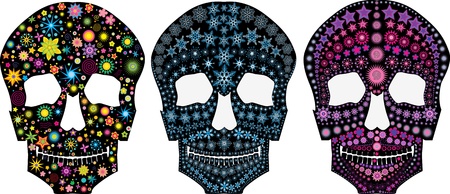 Set of decorative silhouettes of a skull with flowers, stars and snowklakesのイラスト素材