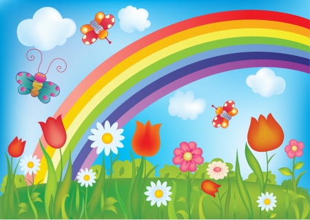  summer landscape with rainbow, butterflies and flowersのイラスト素材