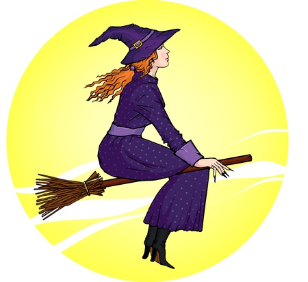Vector illustration of a young witch, flying on a broomstick on the background of the moonのイラスト素材