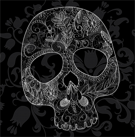 skull, woven out of white lace on black backgroundのイラスト素材