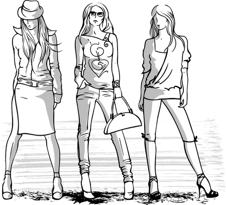 Vector black and white sketch illustration of three fasion girlsのイラスト素材