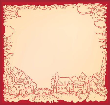 Vector hand drown decorative  frame with housesのイラスト素材