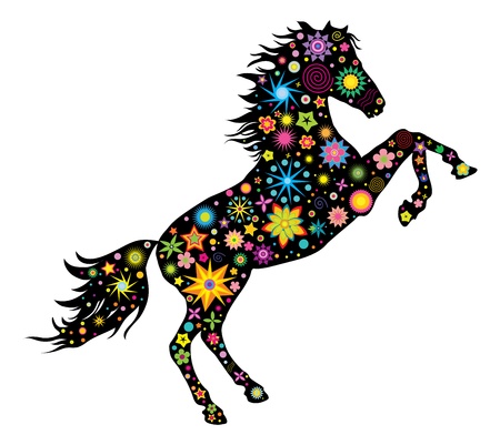 illustration silhouette has stood on its hind legs of the horse flowers and stars のイラスト素材