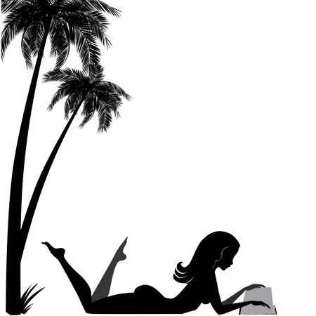 Illustration silhouette relaxing girl, lying and reading book near palmsのイラスト素材