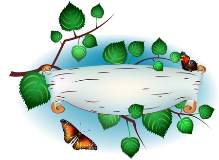 Banner with free space inside in the form of birch bark with green branch and batterfliesのイラスト素材