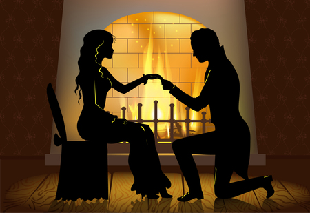 A young man makes a proposal to the girl, kneeling beside the fireplace. Silhouette illustration, vector.のイラスト素材
