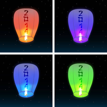 A set of images of Chinese lanterns, flying in the night sky star  Vector illustrationのイラスト素材