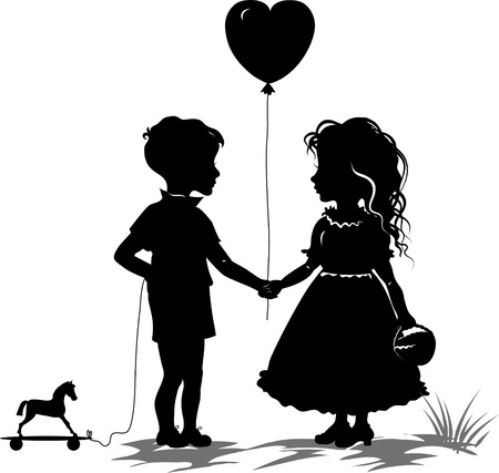 Boy and girl with heart shape balloon, retro silhouette illustrationのイラスト素材