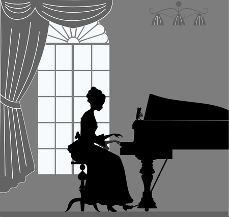 Silhouette playing piano womanのイラスト素材