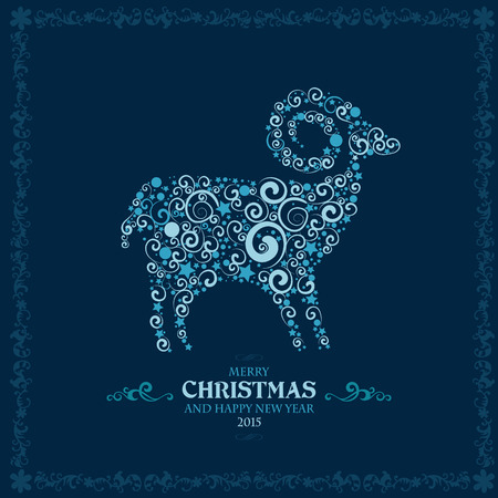 Happy New year greeting card with stylized curly sheep, symbol of year 2015のイラスト素材
