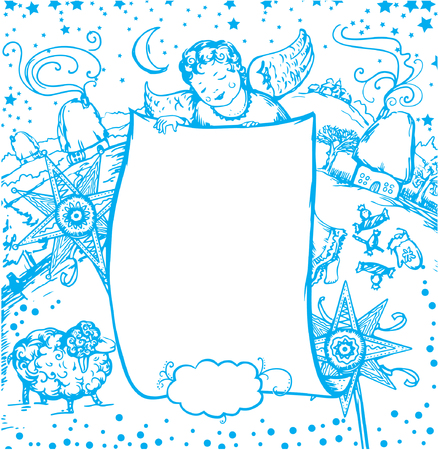 Ukrainian Christmas background with angel carrying parchment  for your holiday congratulationsのイラスト素材