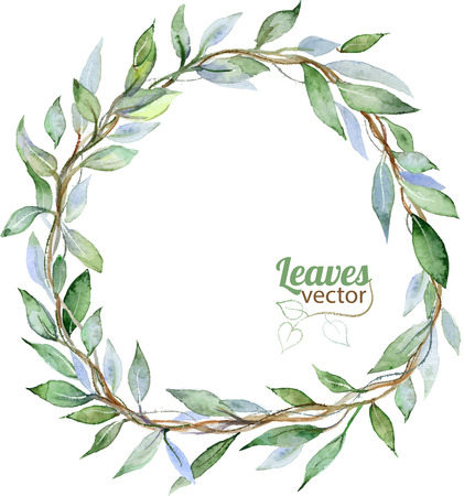 Round background with green leaves, watercolor illustration in vectorのイラスト素材