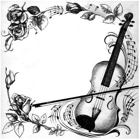 Perfect hand drawn illustration with Violin, roses and notesのイラスト素材
