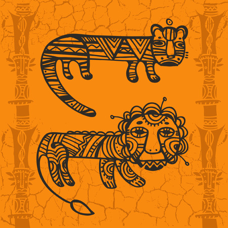 Decorative ornamental drawings of Tiger and Leo in tribal style